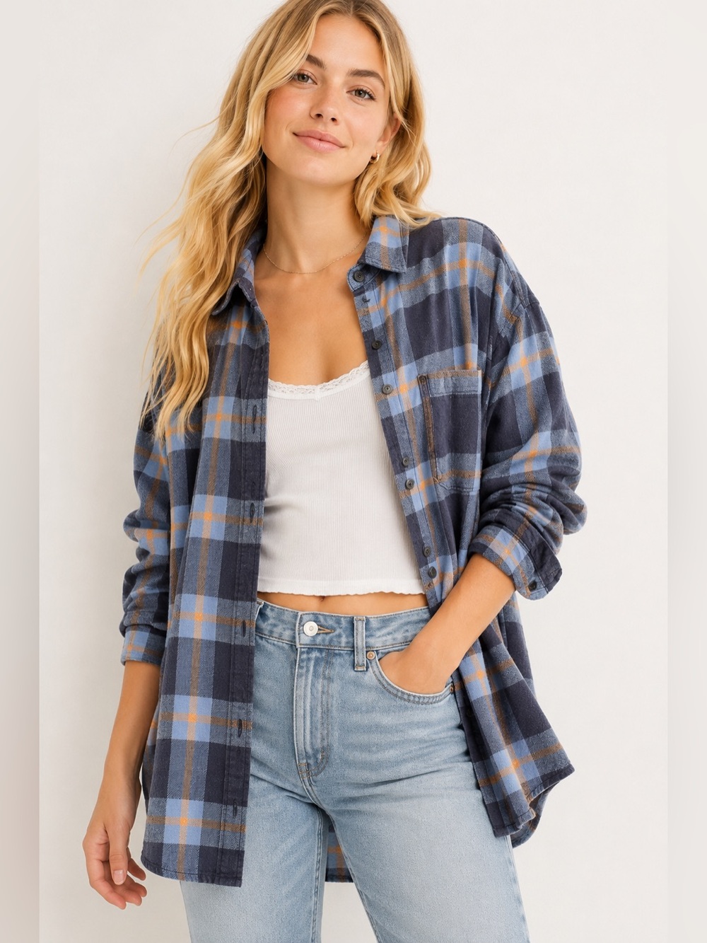 Aerie Oversized Plaid Flannel Button Front Shirt Blue Orange Size Small
